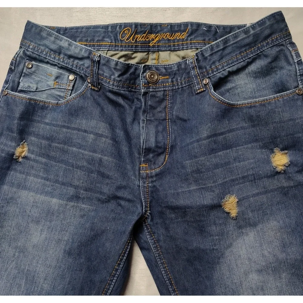 UNDERGROUND INDUSTRY Men 36X34 Distressed Denim Designer‎ Blue Jeans
